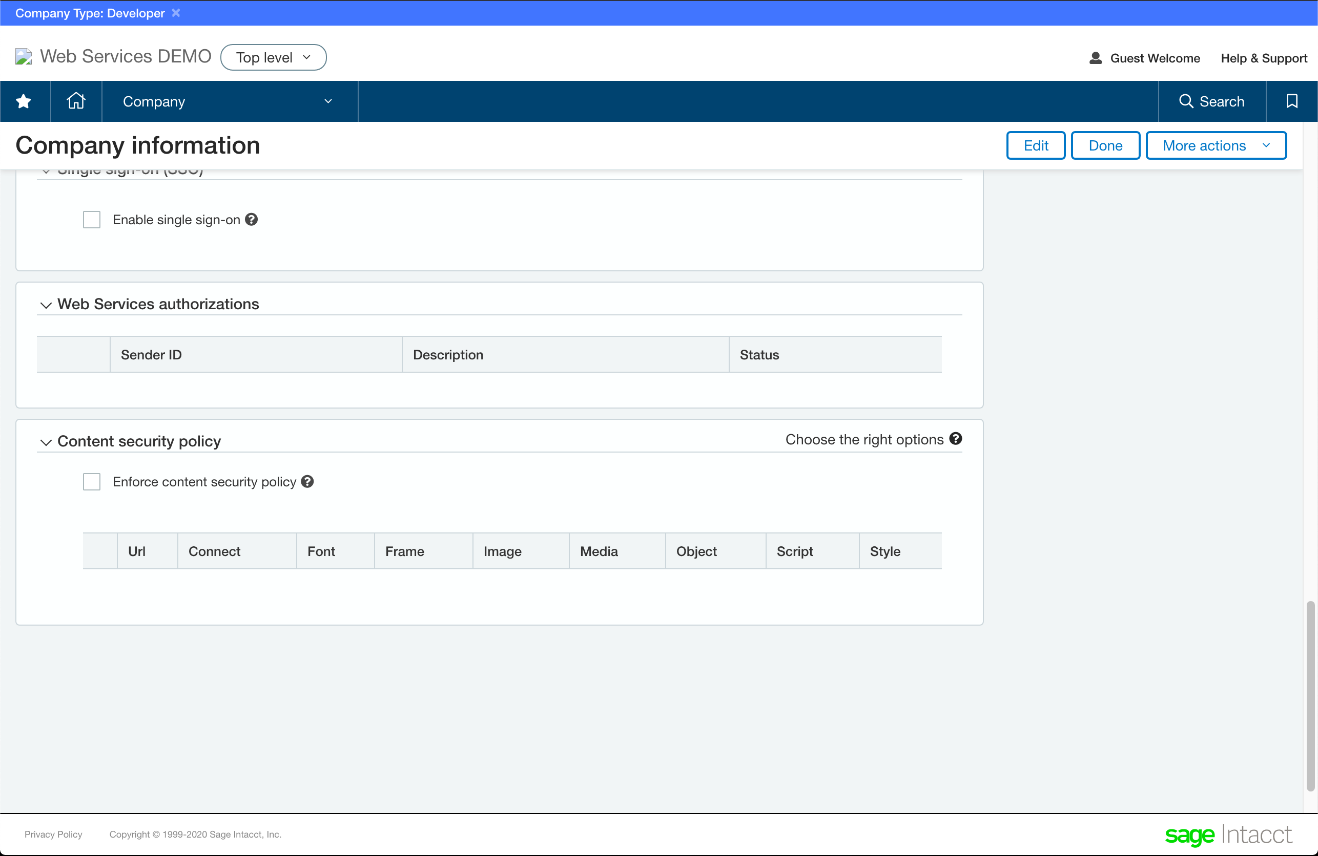 écran d'informations sur l'entreprise intacct