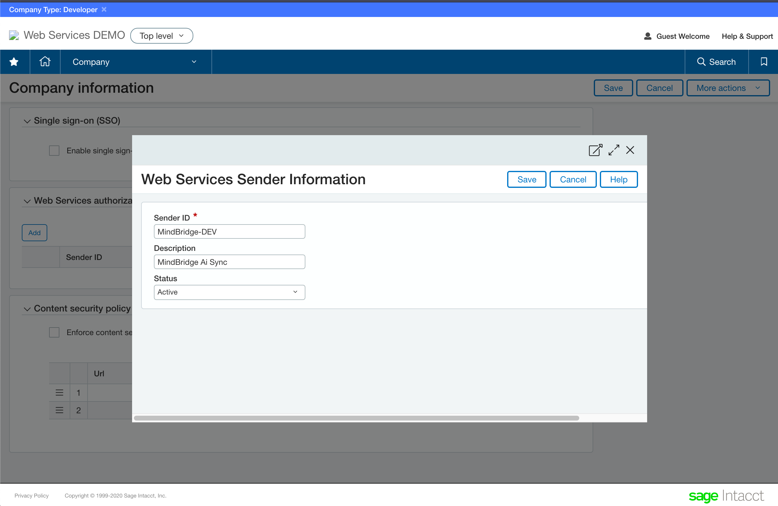 intacct web services sender information filled out