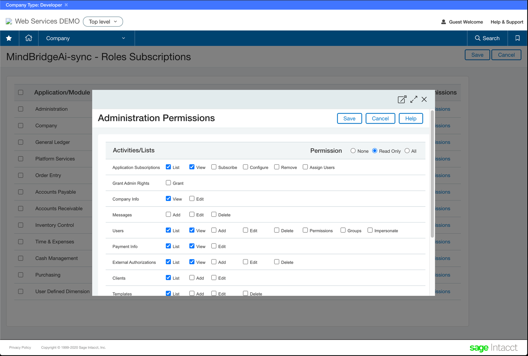 écran des autorisations d'administration intacct