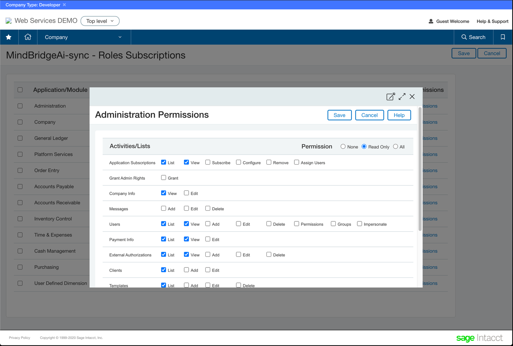 intacct administration permissions screen