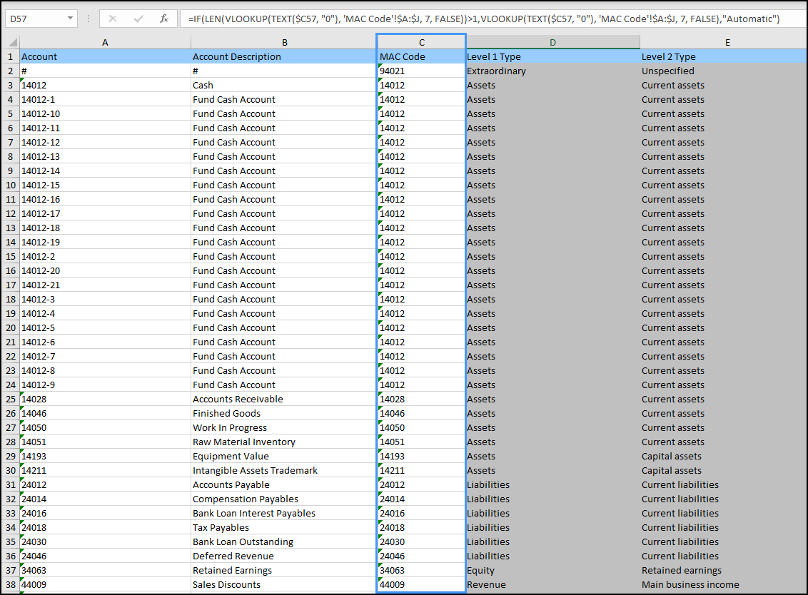 Screenshot highlighting the MAC code column in the exported spreadsheet