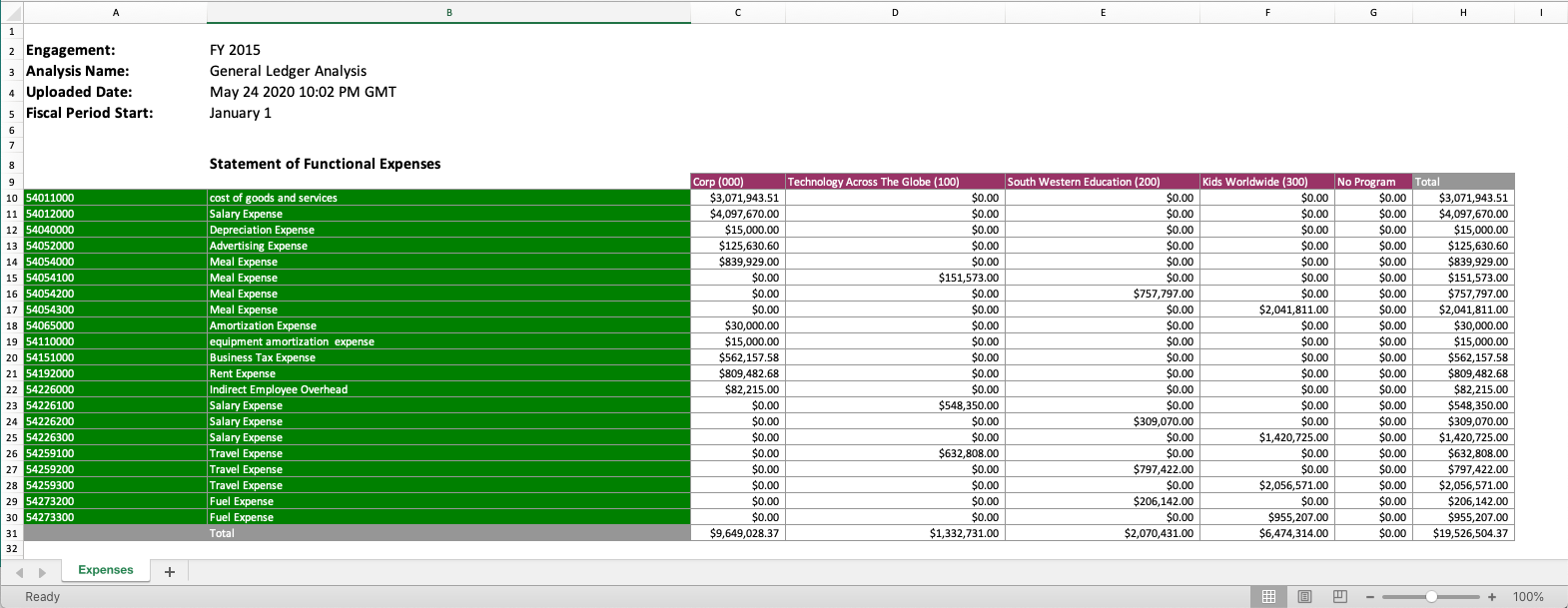 Statement of functional expenses report (General Ledger) MindBridge