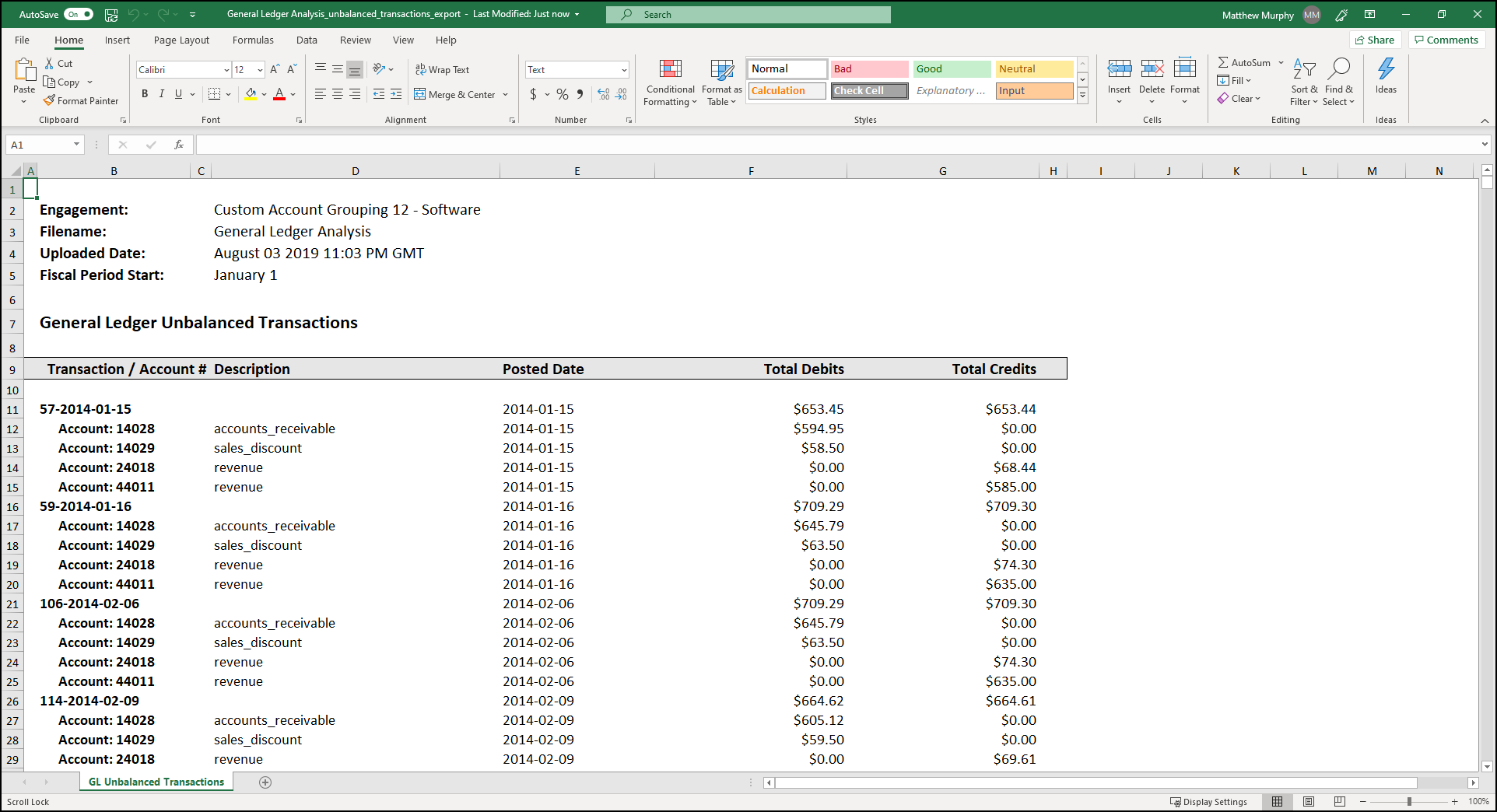 Screenshot showing the unbalanced transactions report