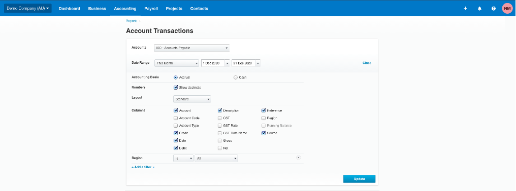 xero account transactions screen with items from previous list checked off