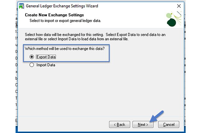 Sage 100 general ledger exchange settings wizard with export data selected and next button highlighted