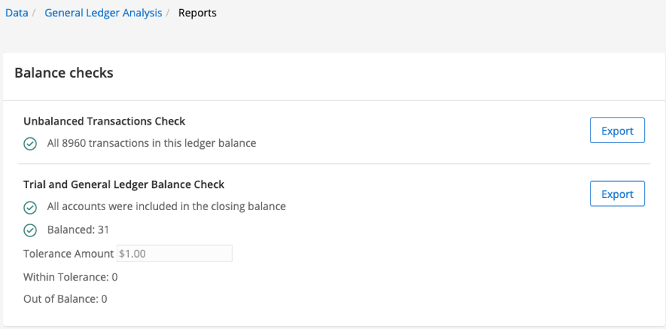 mindbridge reports balance checks screen