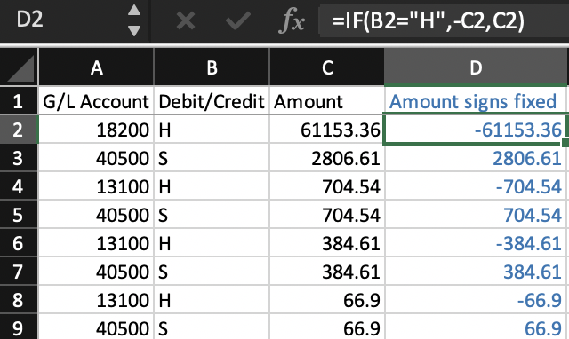 excel file example with formula applied in column D
