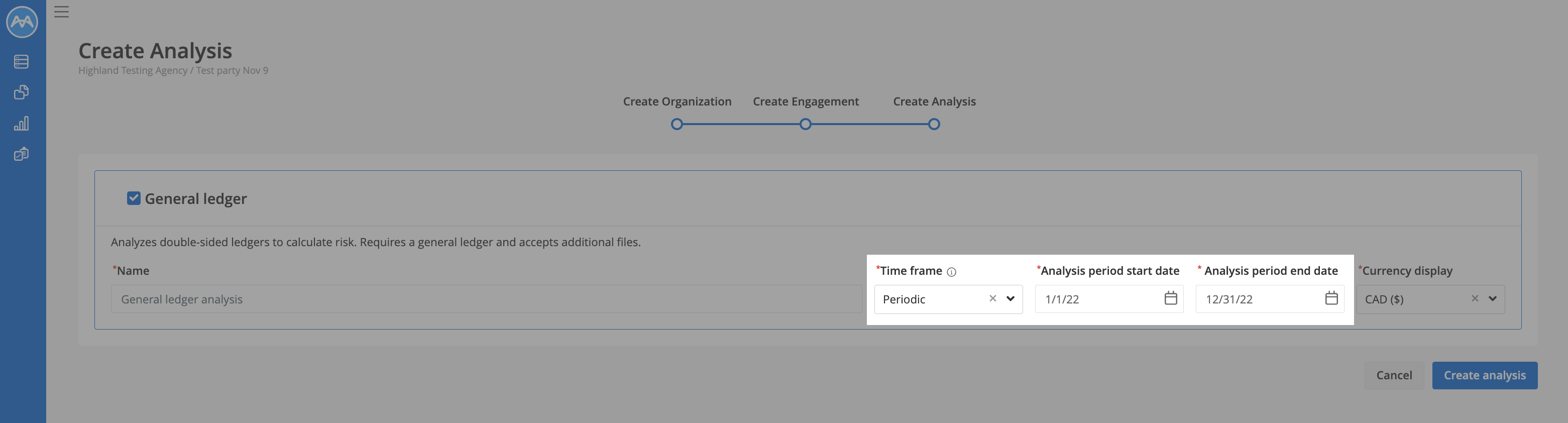 Screenshot showing where a periodic time frame is configured during analysis creation