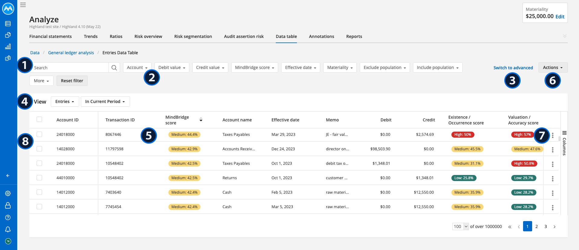 Numbered screenshot of the Data Table dashboard showing basic filters.png