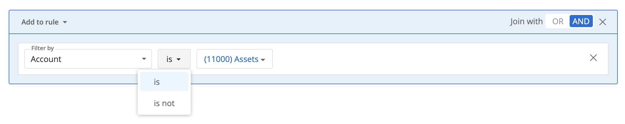Screenshot showing a filter condition with the is/is not menu open