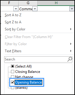 filter in excel with opening balance checked