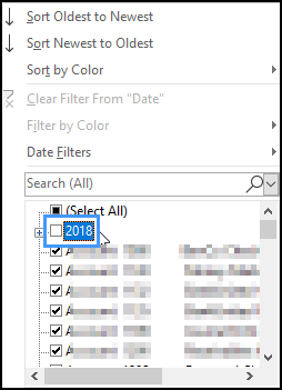 excel filter with date values deselected