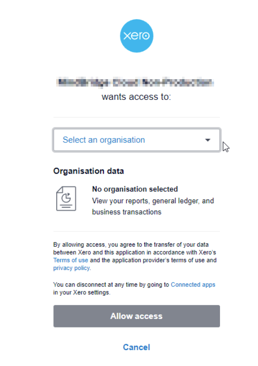 Capture d'écran montrant la fenêtre pour sélectionner votre organisation