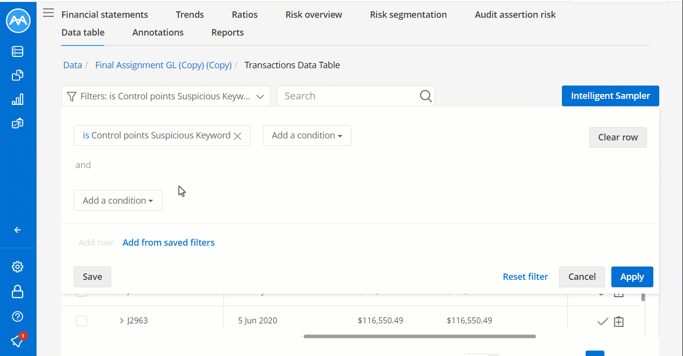 mindbridge filter builder searching for keyword Caputo and identifying four transactions