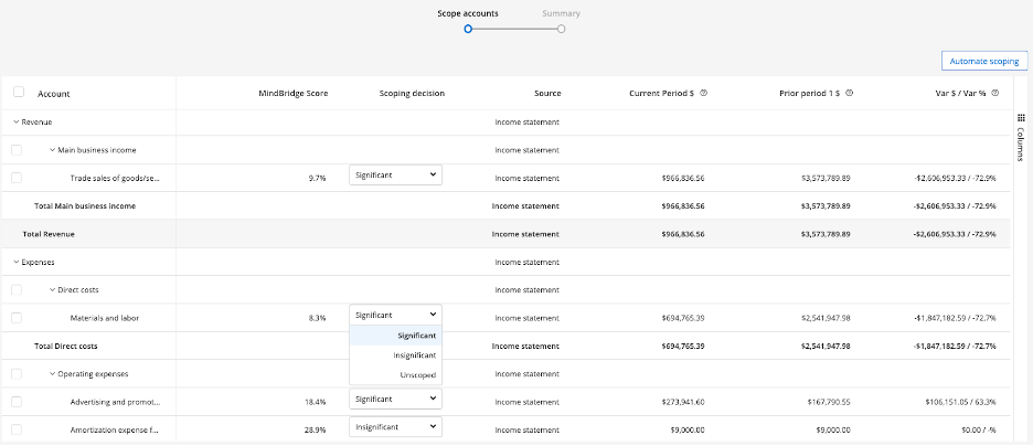 mindbridge scope accounts screen