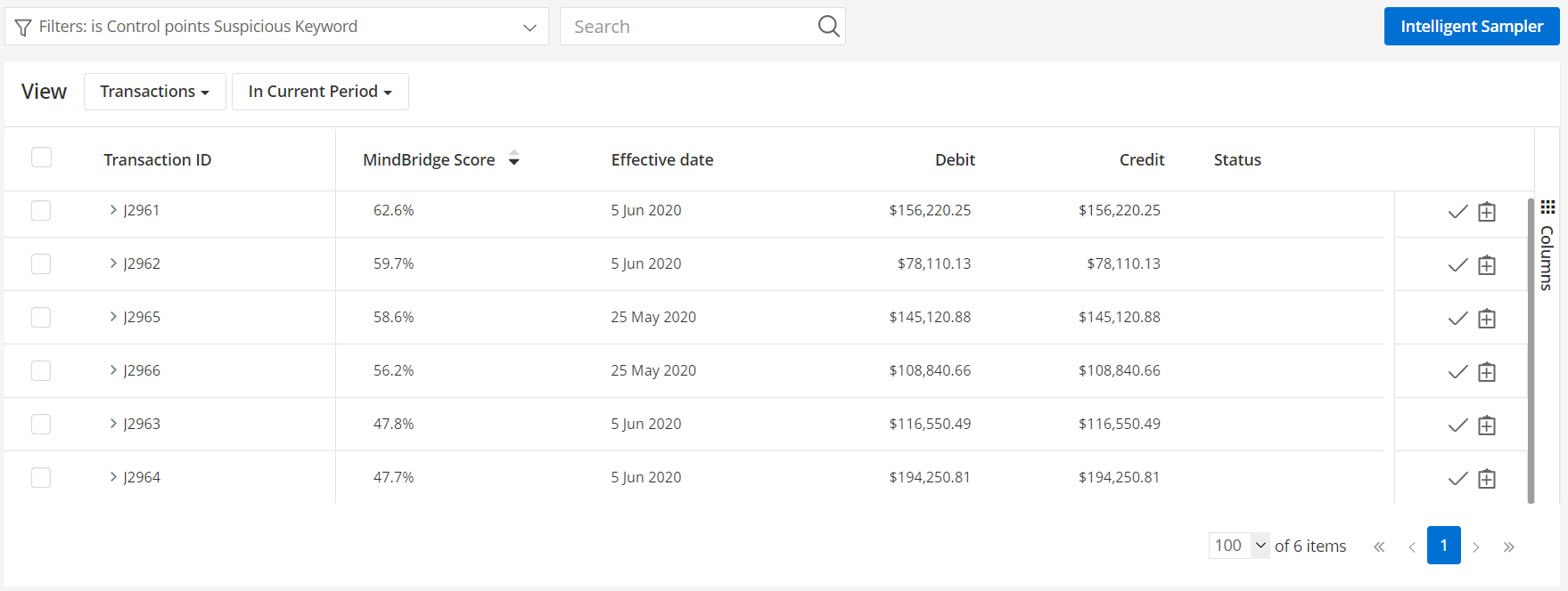mindbridge data table with filtered transactions