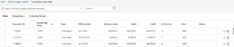 mindbridge transaction data table screen