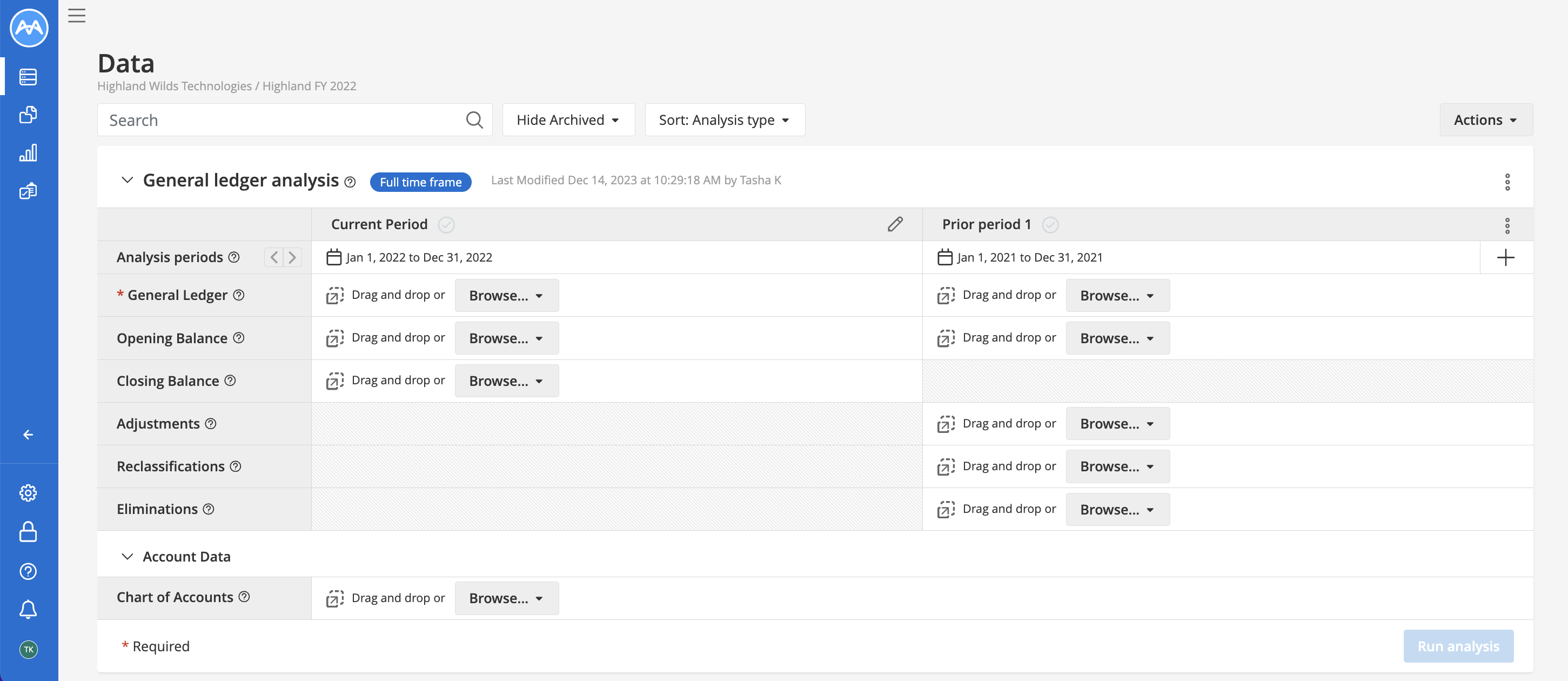 Screenshot showing an example of an analysis with one current period and one prior period