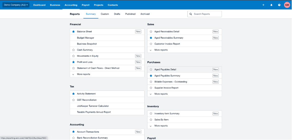 xero summary screen with aged payables detail highlighted