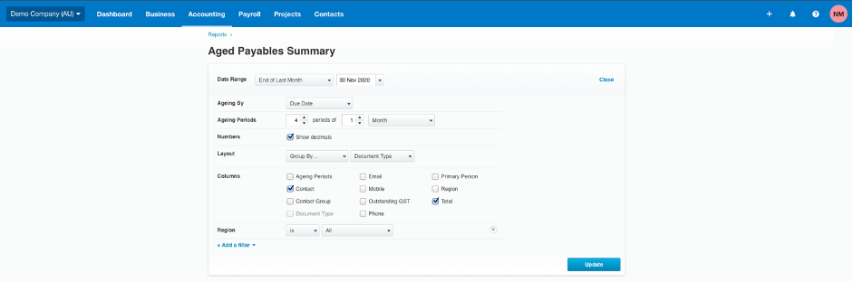 xero aged payables summary screen with previous list items checked