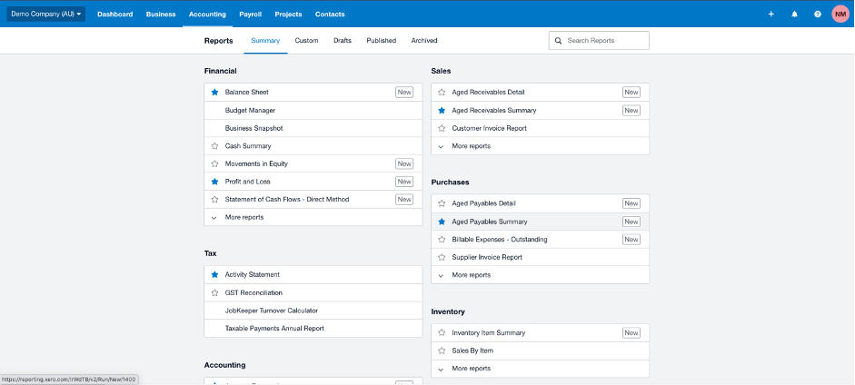 xero summary screen with aged payables summary highlighted