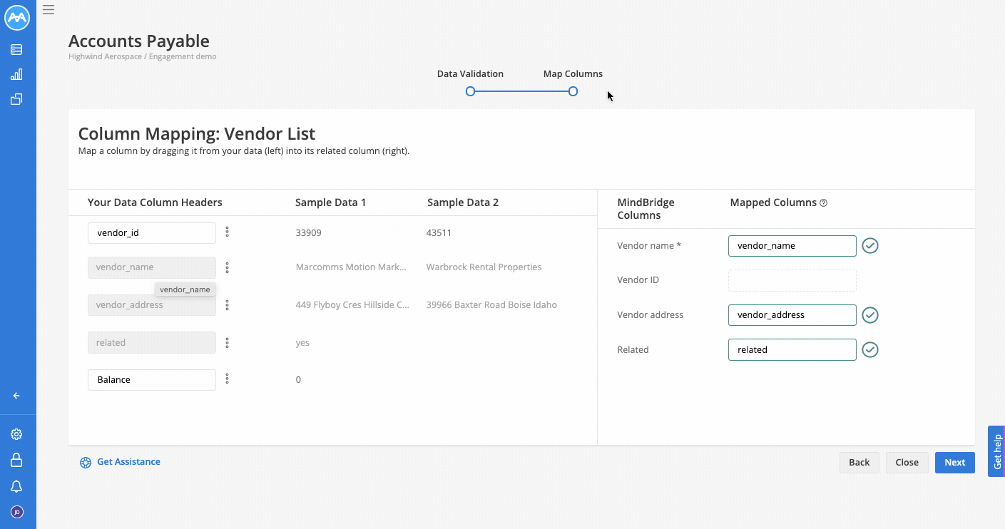 Coloumn mapping vendor opening balance in Mindbridge