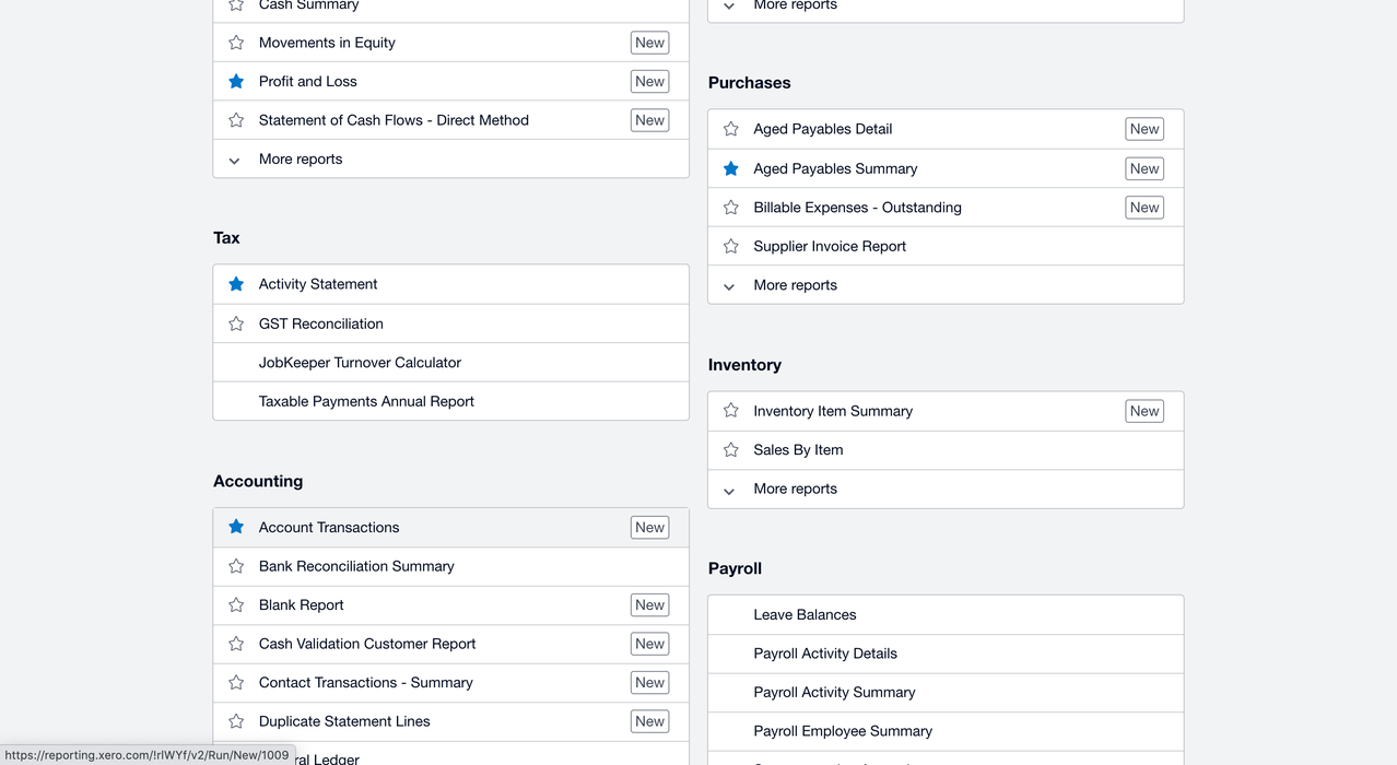 menu des rapports xero avec transactions de compte en surbrillance