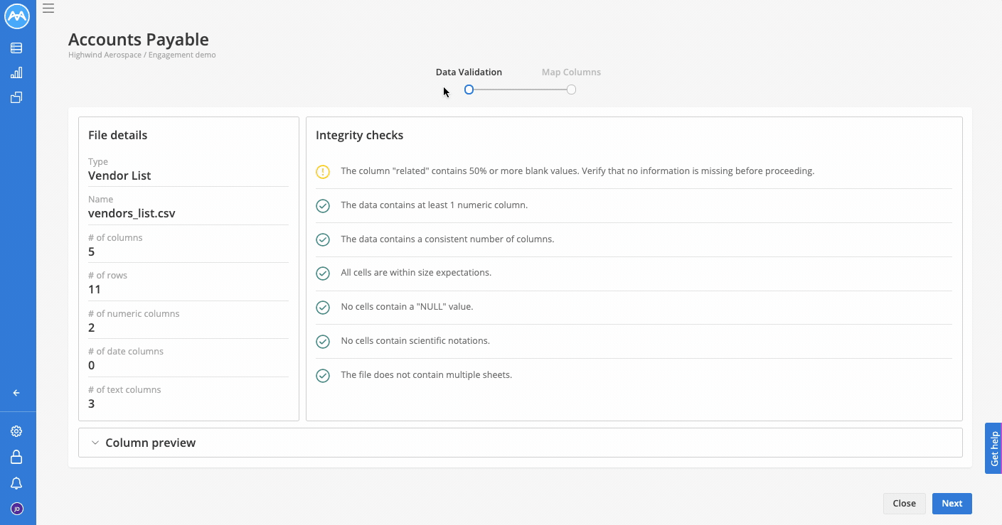 Import vendor list column preview