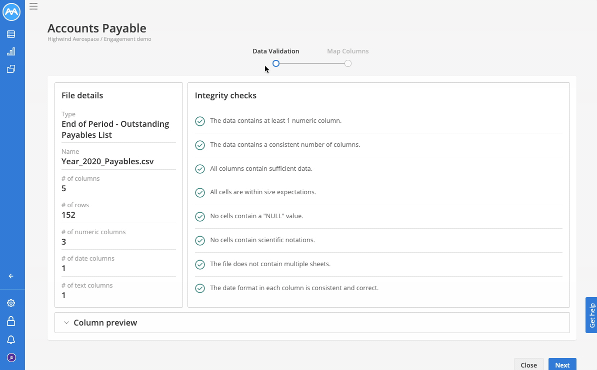 Mindbridge account payable column preview
