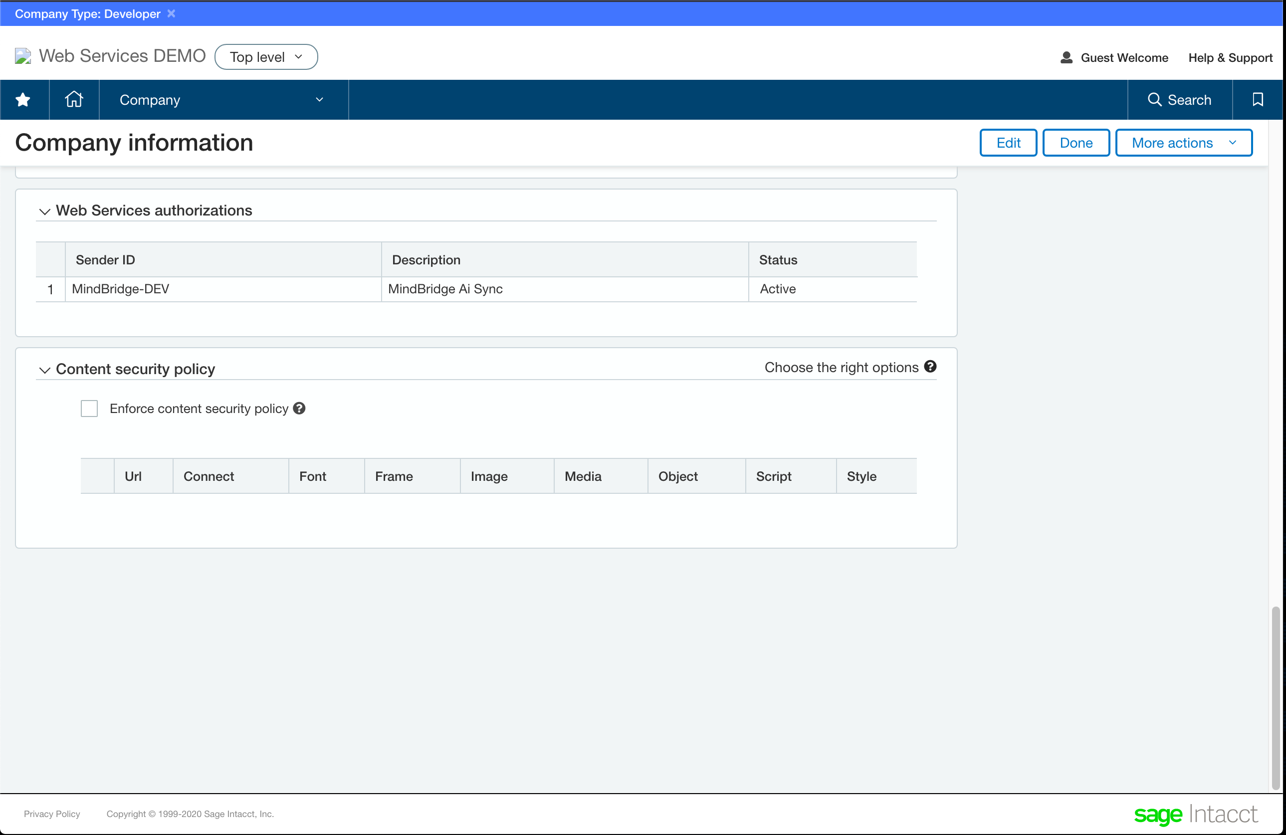 intacct web services authorizations with MindBridge information