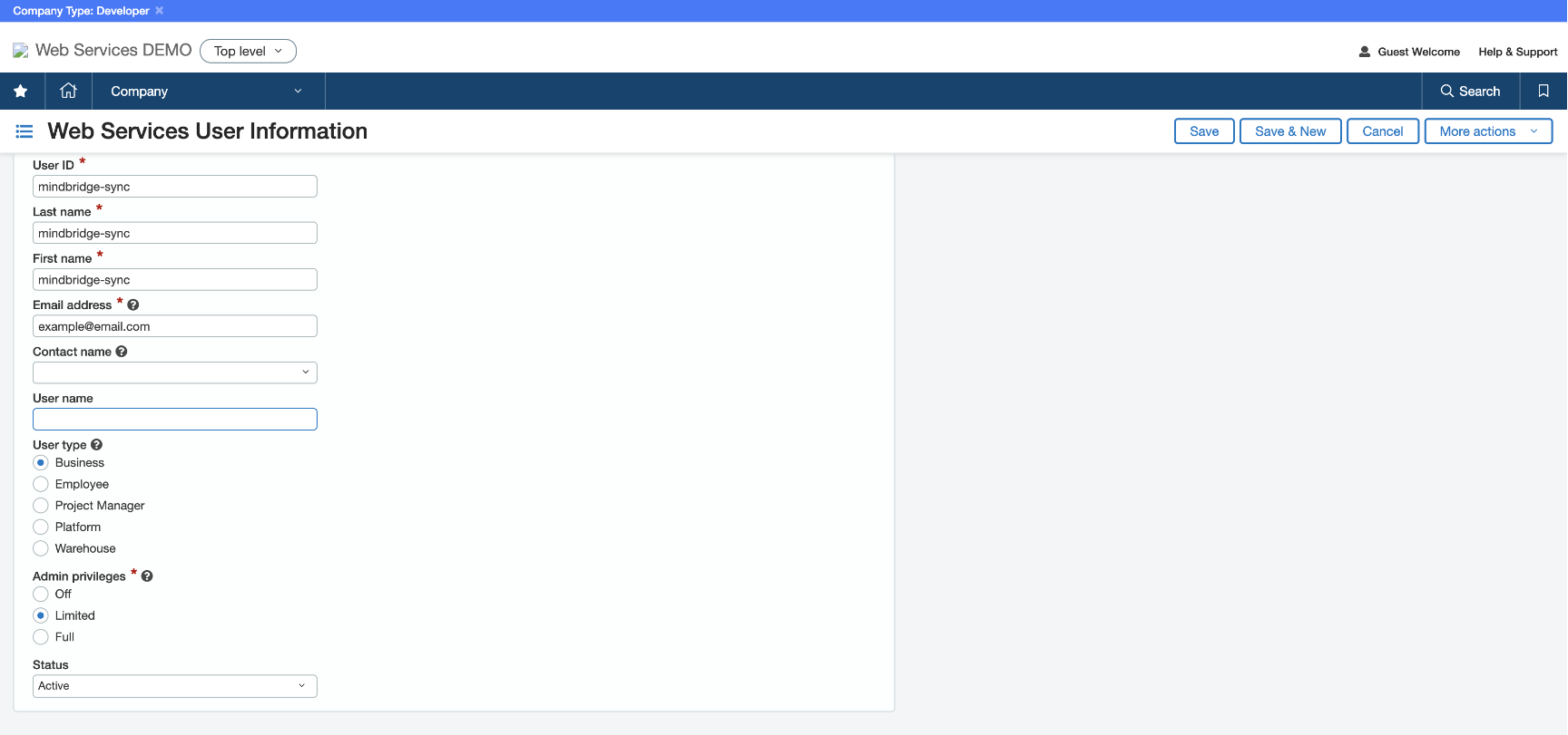 écran d'informations sur l'utilisateur des services Web intacct rempli avec les informations MindBridge