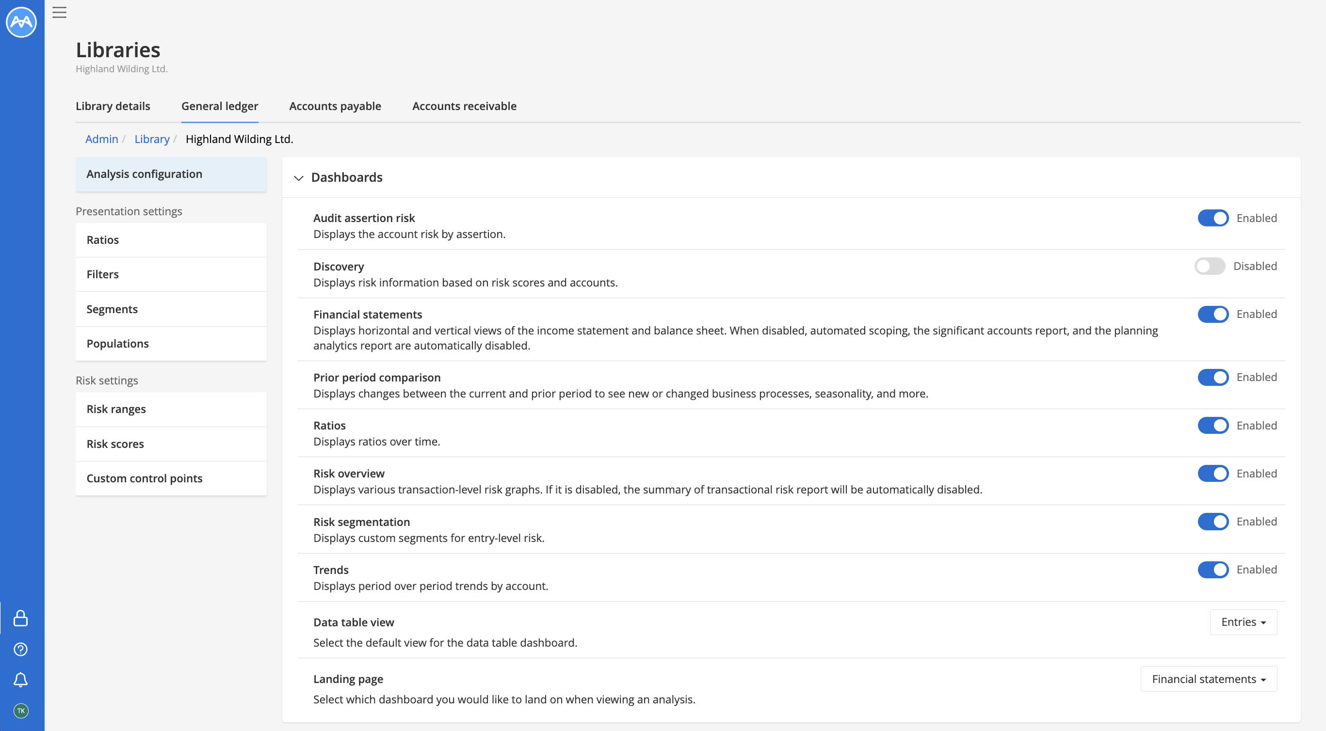 Screenshot showing the General ledger tab