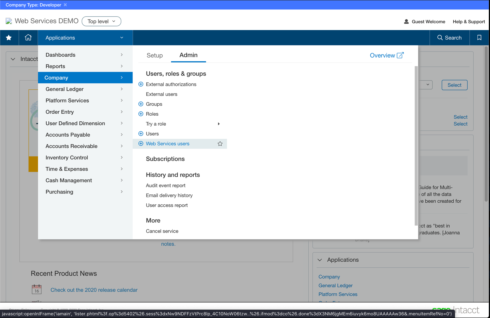 intacct applications to company to web services users menu highlighted