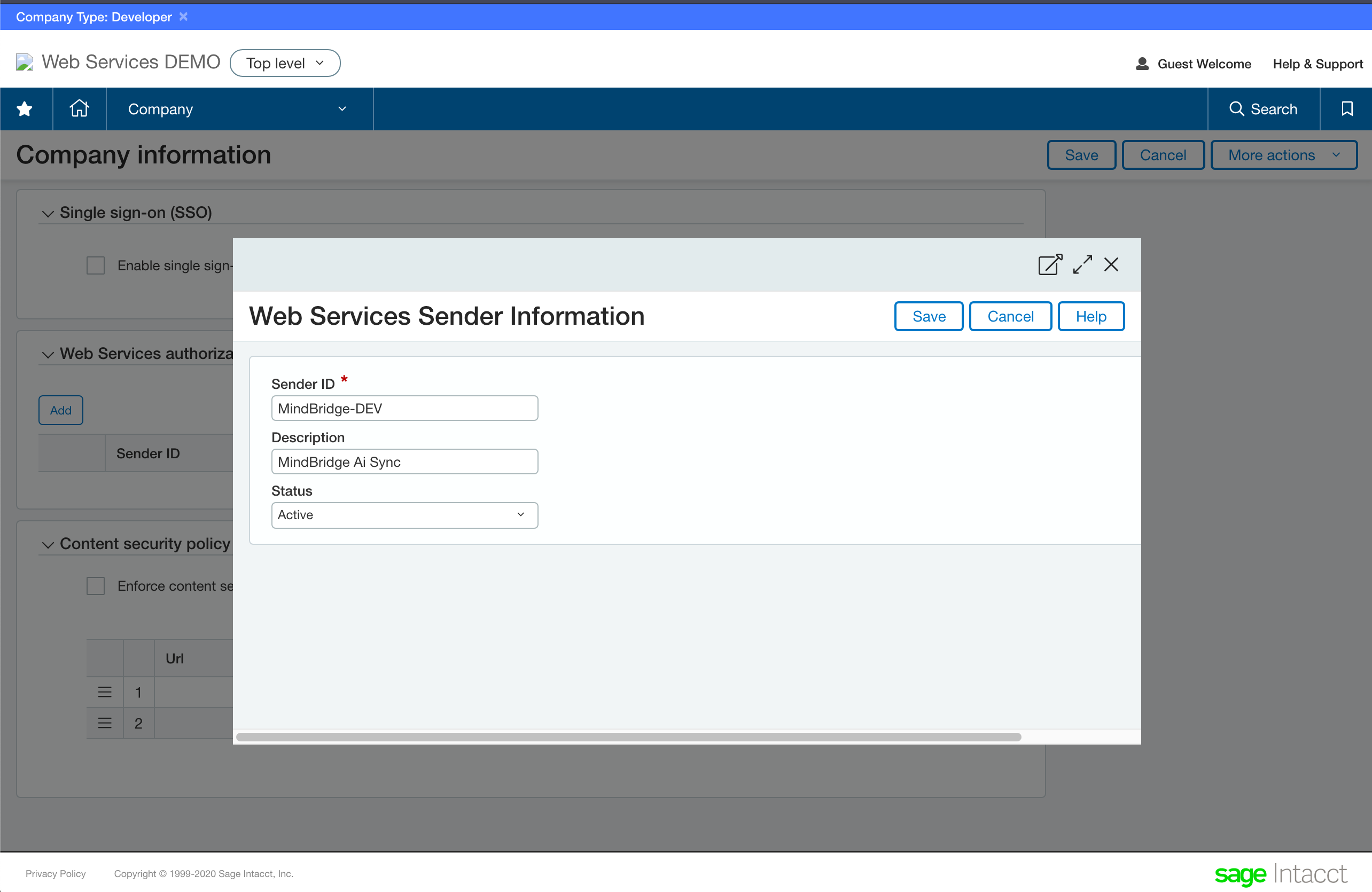 informations sur l'expéditeur des services Web intacct remplies