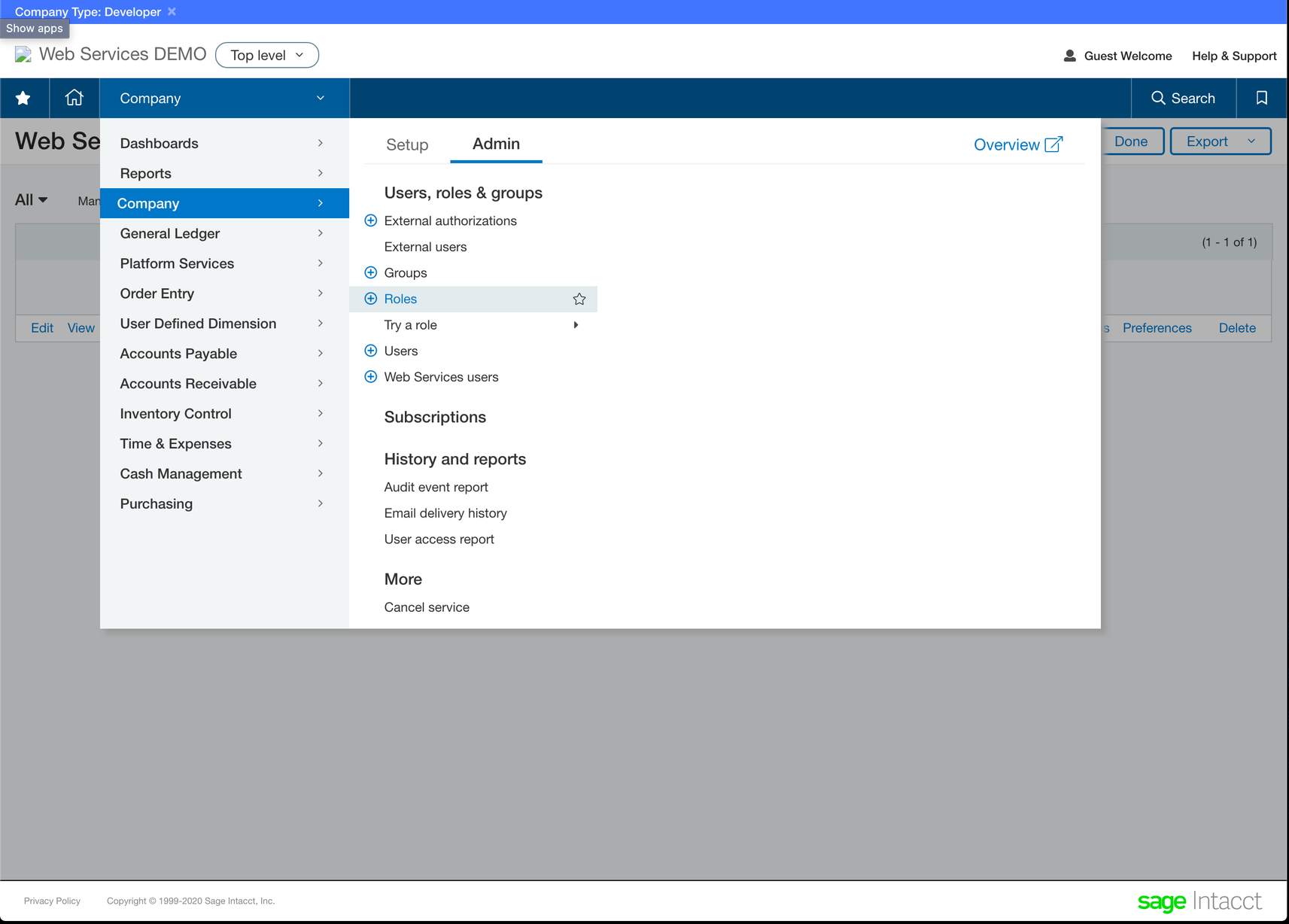 menu de l'entreprise intacct à l'entreprise aux rôles mis en évidence