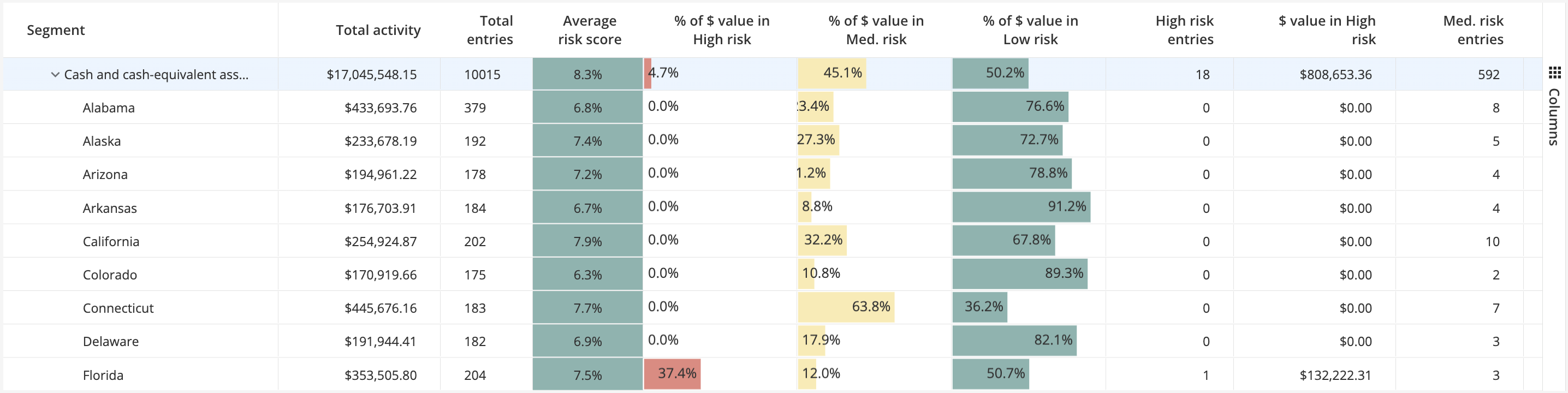 Screenshot of a regional risk segment in the risk segmentation dashboard