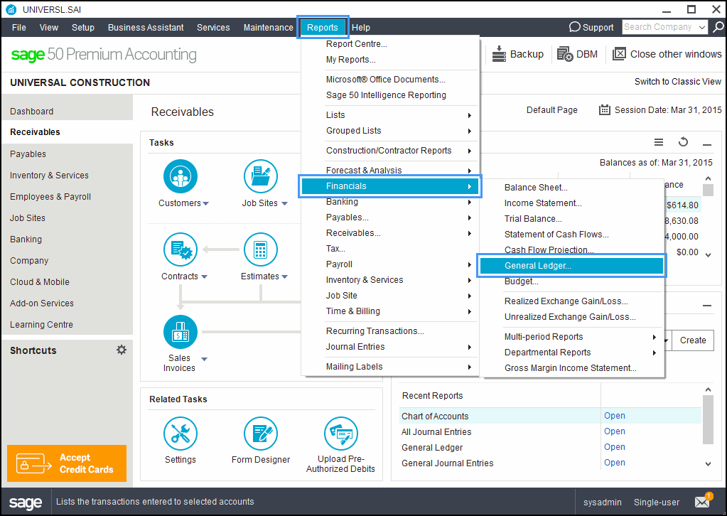 sage 50 Canada Reports menu open with Financials menu open with General Ledger selected