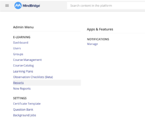 Menu admin de l'Académie MindBridge avec les rapports en surbrillance