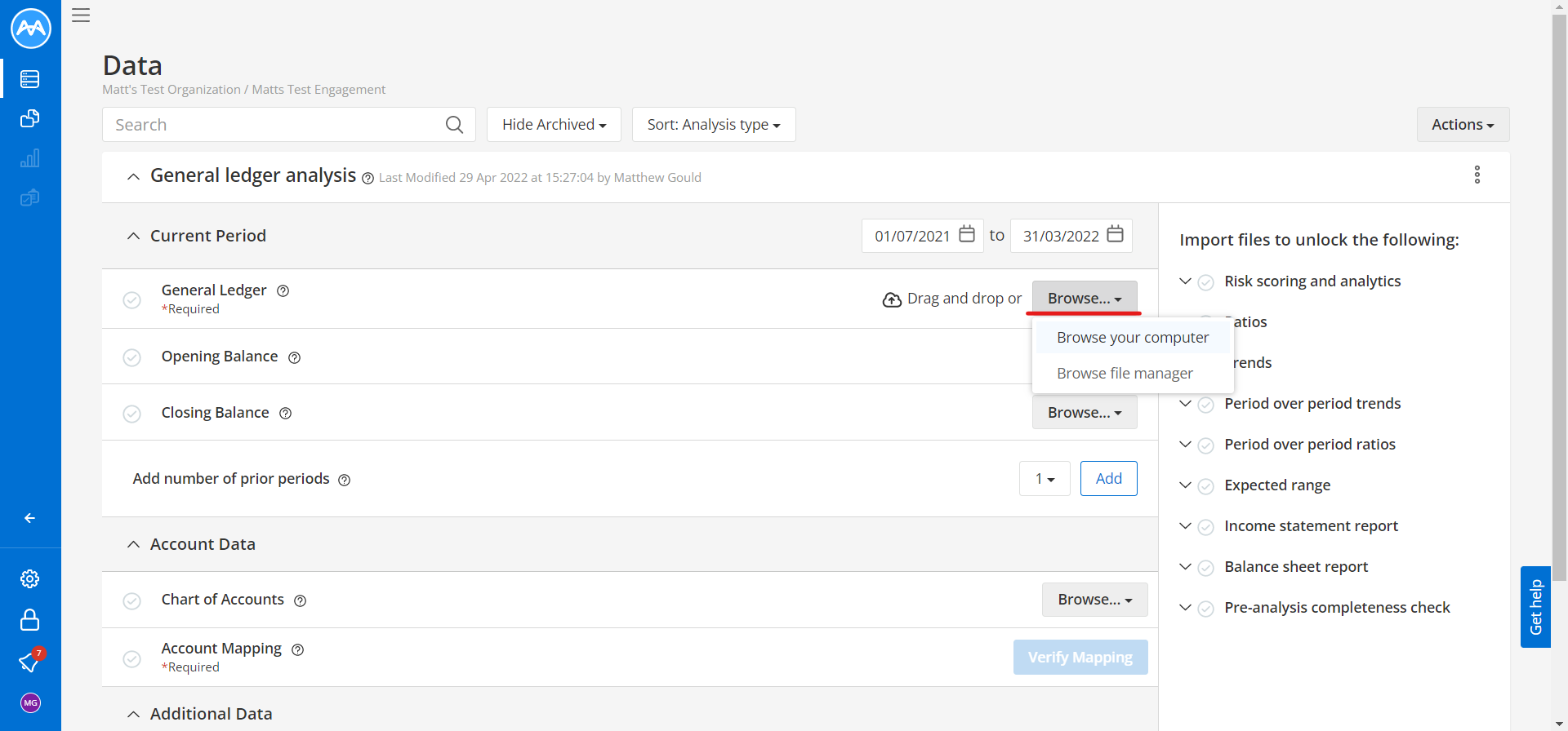 mindbridge general ledger analysis page with Browse button highlighted