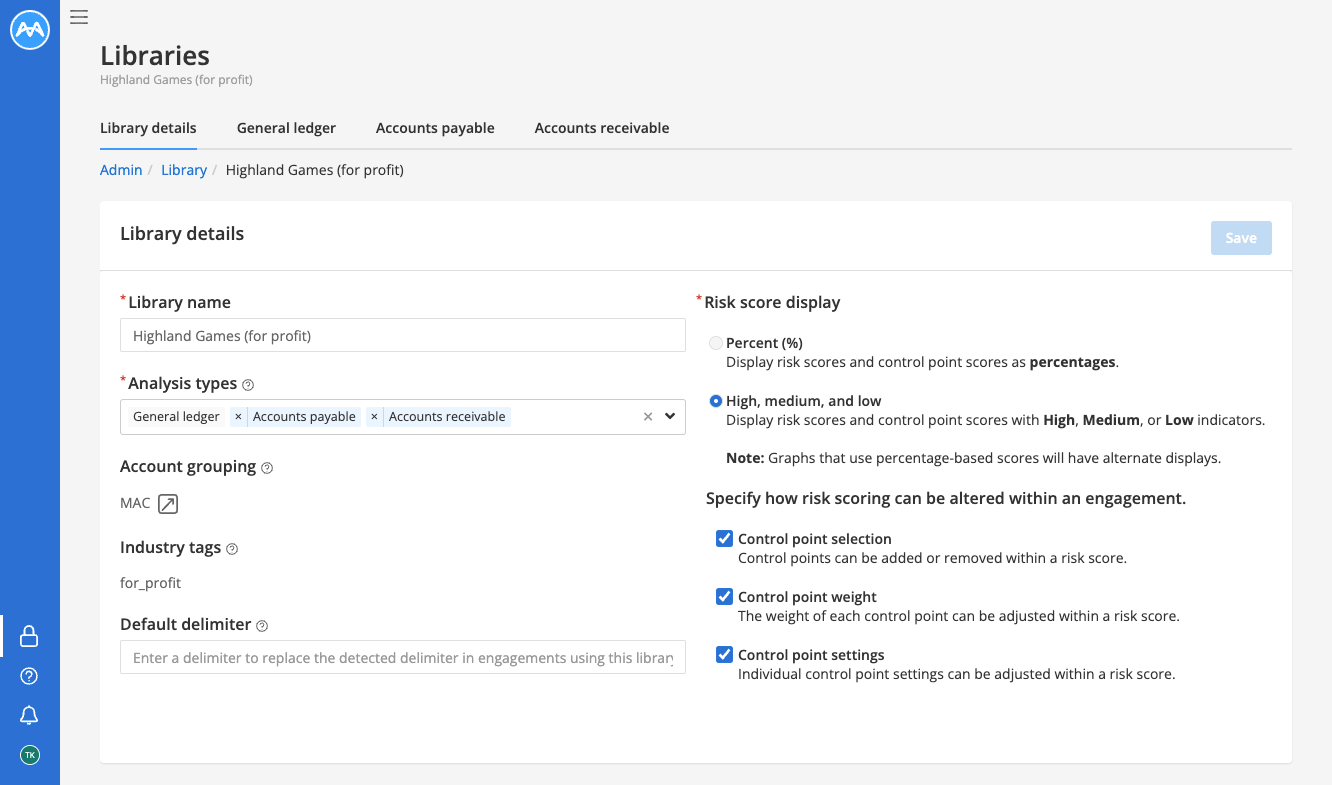 Capture d'écran de la “page des détails de la bibliothèque” dans la plateforme MindBridge pour le 