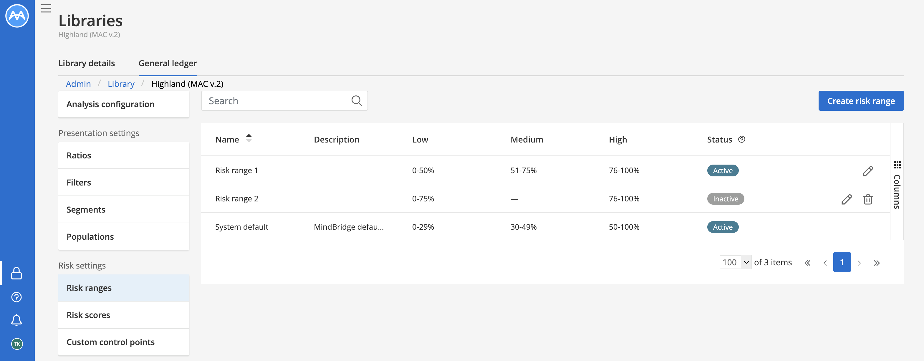 Screenshot showing an example of the Risk ranges section with a list of risk ranges