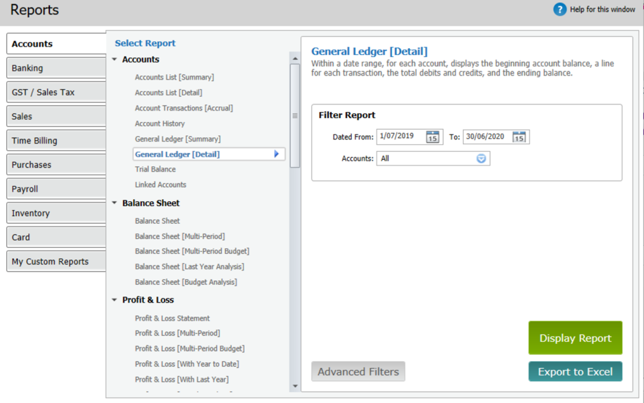myob reports screen