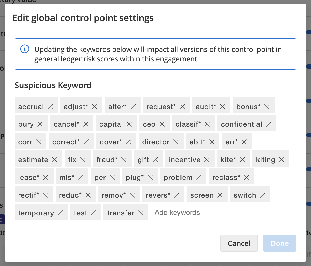 Screenshot showing the Suspicious Keyword control point's global settings