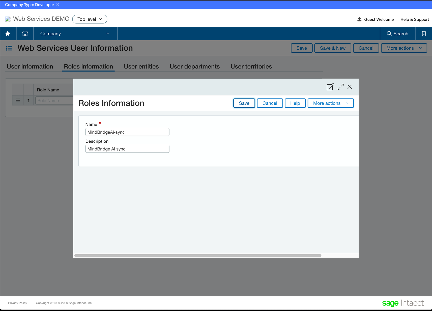écran d'informations sur les rôles intacct avec informations MindBridge remplies