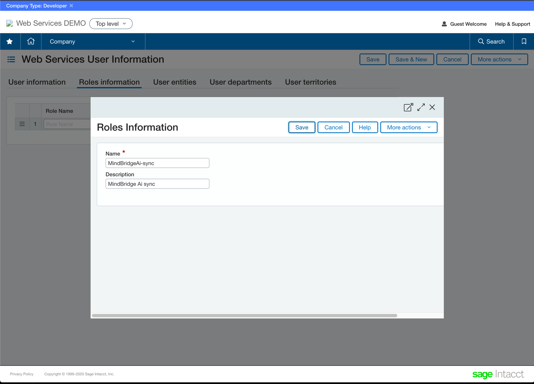intacct roles information screen with MindBridge information filled out