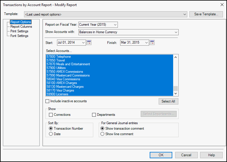 sage 50 canada transactions by account report screen