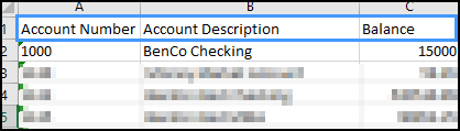 número de cuenta, descripción de cuenta y columnas de saldo en Excel resaltado