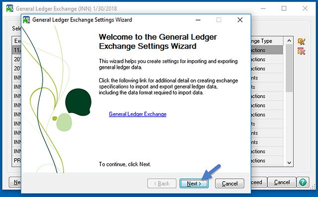Sage 100 general ledger exchange settings wizard with next button highlighted