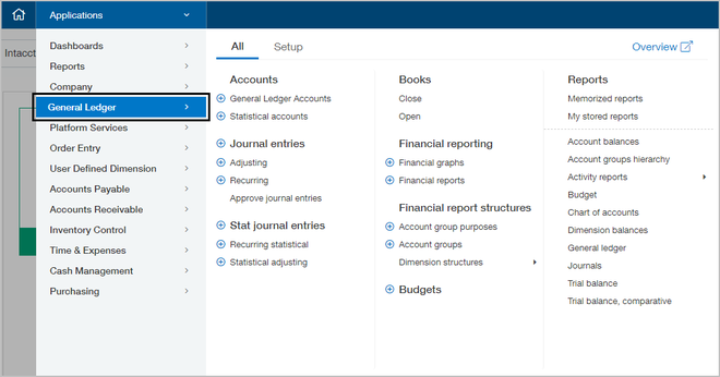 intacct with application menu open and general ledger selected