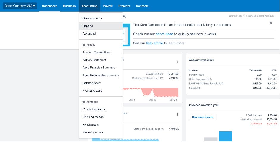 xero accounting menu open with reports highlighted